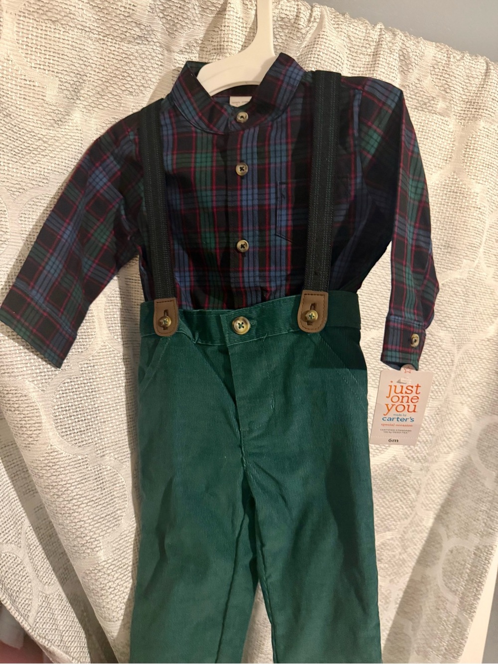 Carter's Green Corduroy Pants with Navy & Red Plaid Shirt and Black Suspenders
